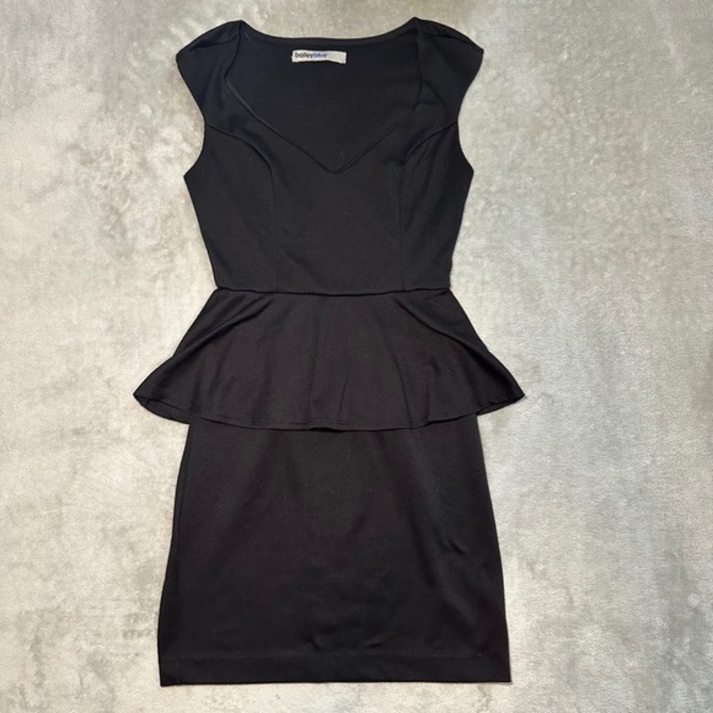 Bailey Blue Peplum Bodycon Mini Dress Size S Black Queen Anne Neckline Cocktail